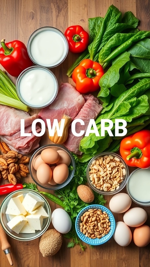 Comprehensive Low Carb Food List An array of low carb foods including vegetables, meats, nuts, and dairy on a wooden table.